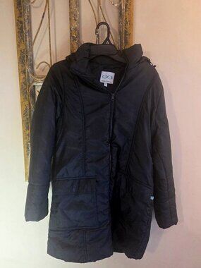 Modern Eternity Hooded Puffer Coat Black Quilted Long Winter Asymmetric Zip M